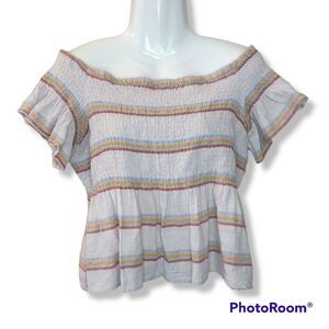 American Eagle Off Shoulder Smocked Crop top Blouse Striped linen blend XL